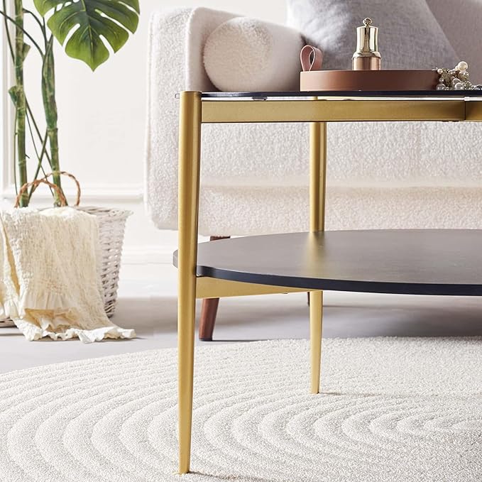 Round Coffee Table for Living Room, Mid-Century Modern Design, D30 x H17, 2-Tier Structure, Grey Glass Top and Black Marble Finish Wood Shelf, Sleek Conical Metal Legs with Gold Finish Frame-Ruum Studio Home