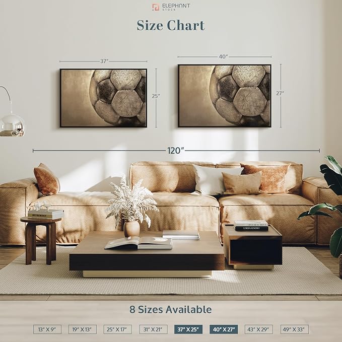 Elephant Stock Worn Soccer Ball Wall Art - Horizontal Framed Canvas - 1-Piece Living Room Wall Decor - Photography sports Canvas Print - Brown and Gray Decor for Wall - 37" X 25"-Ruum Studio Home