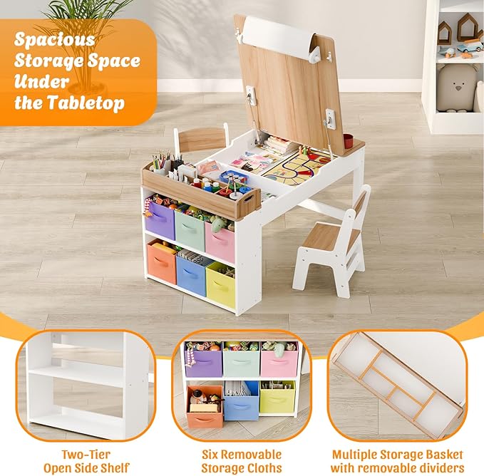 Kids Art Table and Chair - Toddler Craft Table and Chairs Set with 2 Chair & Bins, Kids Activity Desk with Paper Roll for Playrooms & Classroom, 44" L x 24" W, Natural-Ruum Studio Home
