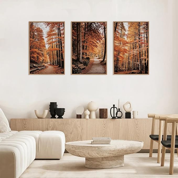 HLNIUC Autumn Forest Framed Canvas Wall Art,Fall Nature Pictures Wall Decor Set of 3(16”x24”) Large Maple Trees Trail Scenery Wall Painting,Modern Fall Landscape Art Print for Living Room,Bedroom-Ruum Studio Home