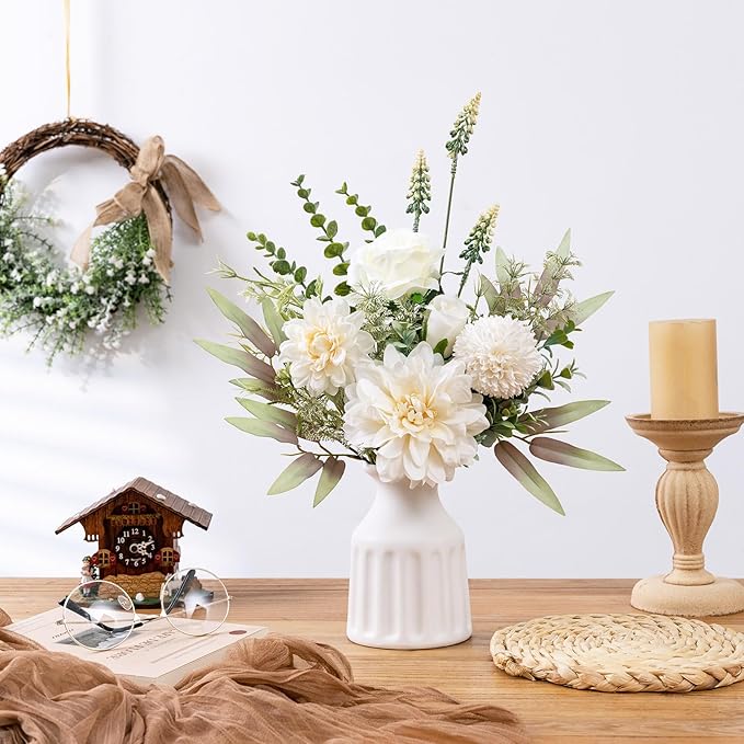 Fake Flowers in Vase, Artificial Flowers with Vase, 15.7'' Floral Arrangements for Dining Table Centerpiece Decor, Silk Roses & Faux Dahlia Bouquet for Farmfouse Kitchen Coffee Table Decor (White)-Ruum Studio Home