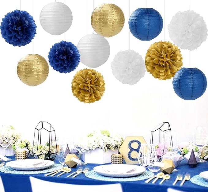 Navy-Blue Gold Party-Decorations Paper-Flowers Lanterns - 15PCS Royal White Baby Bridal Shower Tissue Pom Poms Streamers, Bachelorette Birthday Wedding Graduation Hanging Supplies Decor Hugfond-Ruum Studio Home