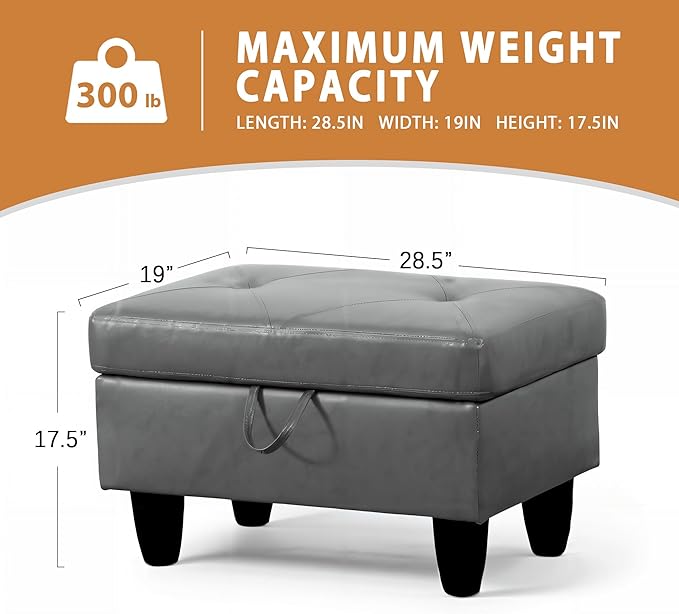 Ottoman Rectangular Storage Ottoman Bench, Faux Leather Footrest, Coffee Table, Stool Footstool with Hinged Lid for Living Room, Bedroom, Entryway, Gray, 28.5"x19"x17.5"-Ruum Studio Home
