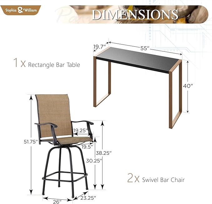 Sophia & William Outdoor Bar Set, Patio Bar Table and Chairs Set, Bar Height Patio Set - 2 x Swivel Bar Chairs(Brown), 1 x Rectangular Bar Table(Larimar Desktop)-Ruum Studio Home