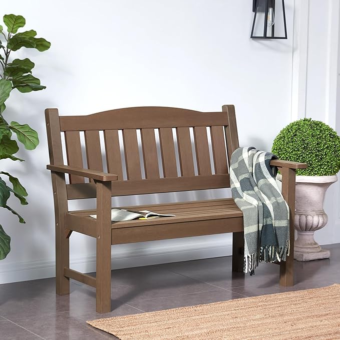 Psilvam 2-Person Outdoor Memorial Bench, All-Weather Poly Lumber Garden Bench, Rot-Resistant Outdoor Patio Bench for Park,Porch,and Church(Brown)-Ruum Studio Home