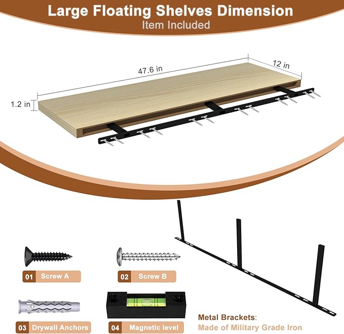 48 Inch Floating Shelf 1 Pack Large Floating Shelves for Wall No Drilling Accessories Included Deep Wall Shelves for Living Room Kitchen Farmhouse 48" W x 12" D x 1.2" Oak-Ruum Studio Home