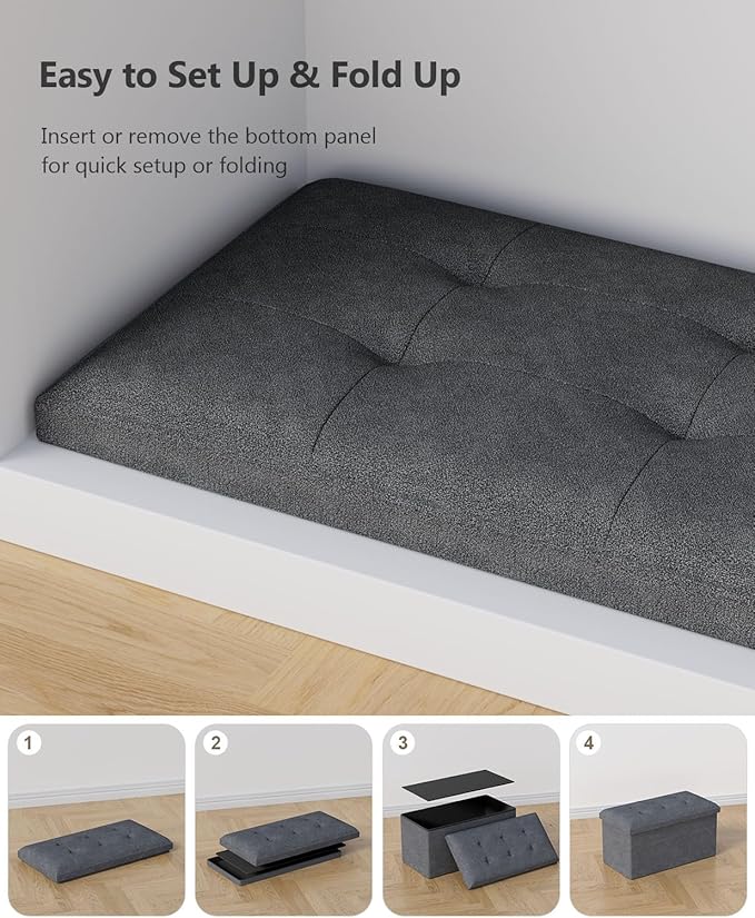 Storage Ottoman Bench, Folding Ottoman Foot Rest, 15 x 30 x 15 Inches, End of Bed Bench,Storage Chest, for Living Room, Bedroom, Hallway, Entryway, Dark Gray-Ruum Studio Home