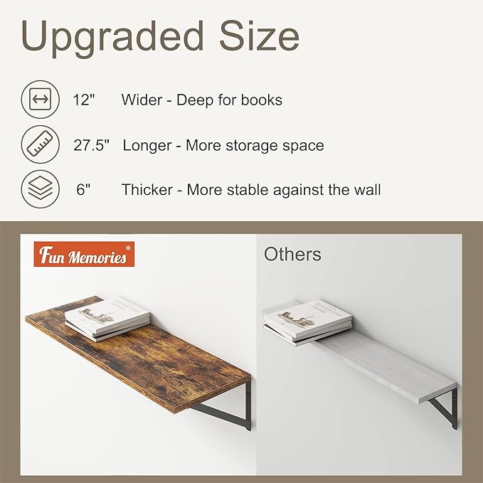 Fun Memories 27.5" W x12 D Floating Shelves, Large Wall Shelves 27.5 Inch Long, Set of 2, Farmhouse Wood Floating Shelf Wall Mounted, Deep Shelves for Bathroom, Living Room, Kitchen, Rustic Brown-Ruum Studio Home