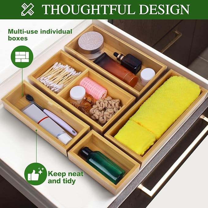 Bamboo Drawer Organizer Set, 5 PCS Multi-Use Individual Wood Storage Organizers, Junk Drawer Divider and Storage Trays Containers for Kitchen, Bathroom, Office Desk, Makeup, Jewelry, Utensils-Ruum Studio Home