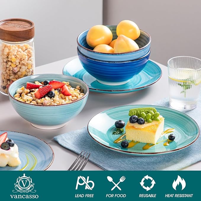 vancasso Bonita Dinnerware Set 24 Pieces Blue Stoneware Service for 6, Handpainted Spirals Pattern Stoneware Combination Set-Ruum Studio Home