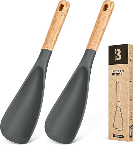 Cooking Spoon for Nonstick Cookwares, Great for Cooking and Serving Sturdy BPA-Free Matte Silicone, Wood Handle Spoon for Mixing, Scoop, and Scrape (2 Pack of Grey, 11.4 inch)-Ruum Studio Home