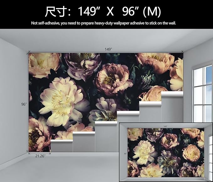 Dark Vintage Floral Wallpaper Large Peony Flowers Wall Mural Bedroom (Not Peel and Stick)-Ruum Studio Home