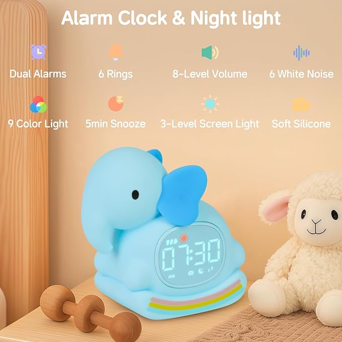 Alarm Clock for Kids with Night Light, Sleep Training Clock Time to Wake Clock, Rechargeable Silicone Light for Bedroom, Perfect Sleep Companion for Boys Girls，Blue Elephant-Ruum Studio Home