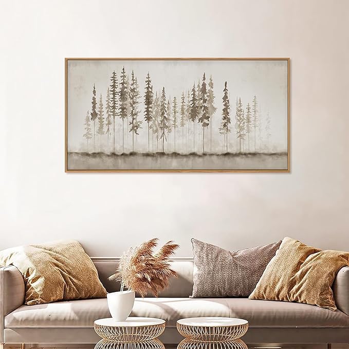 HPINUB Misty Forest Framed Canvas Wall Art Set, Foggy Pine Tree Wall Decor, Pastel Nature Landscape Wall Painting, Evergreen Coniferous Plant Art Print for Living Room, Bedroom, Office - 20"x40"-Ruum Studio Home