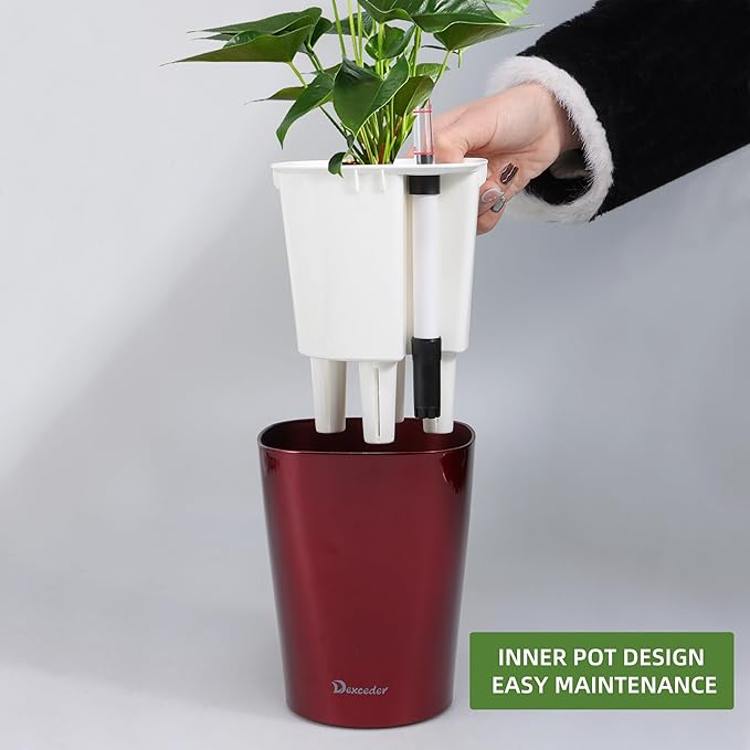 Dexceder 6x7 Self Watering Planter Indoor Outdoor, High Gloss Table Flower Plant Pot with Water Level Indicator (Wine Red)-Ruum Studio Home