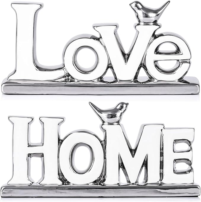 Love Sign Decoration,White and Silver Love Signs for Home Decor Statue,Bird Sculpture Personalized Love Decor,Chrome Style Figurine Decorative Ornaments for Living Room,Bedroom (2 Pcs, White+Silver)-Ruum Studio Home