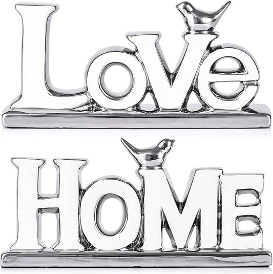 Love Sign Decoration,White and Silver Love Signs for Home Decor Statue,Bird Sculpture Personalized Love Decor,Chrome Style Figurine Decorative Ornaments for Living Room,Bedroom (2 Pcs, White+Silver)-Ruum Studio Home