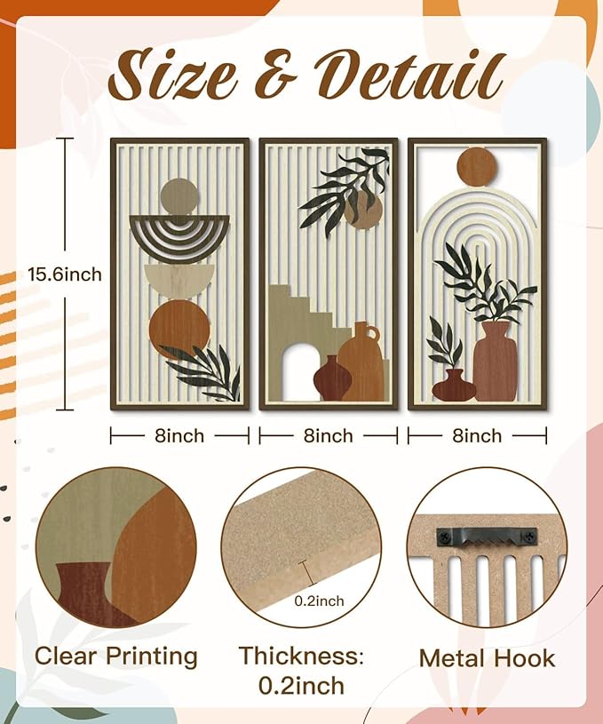 Putuo Decor Boho Wall Art Set of 3, Abstract Geometric Wooden Wall Decor, Mid-Century Modern Aesthetic Artwork with Arch, Vase & Botanical Design for Living Room, Bedroom, Office, 16.5 x 8.6 Inch-Ruum Studio Home