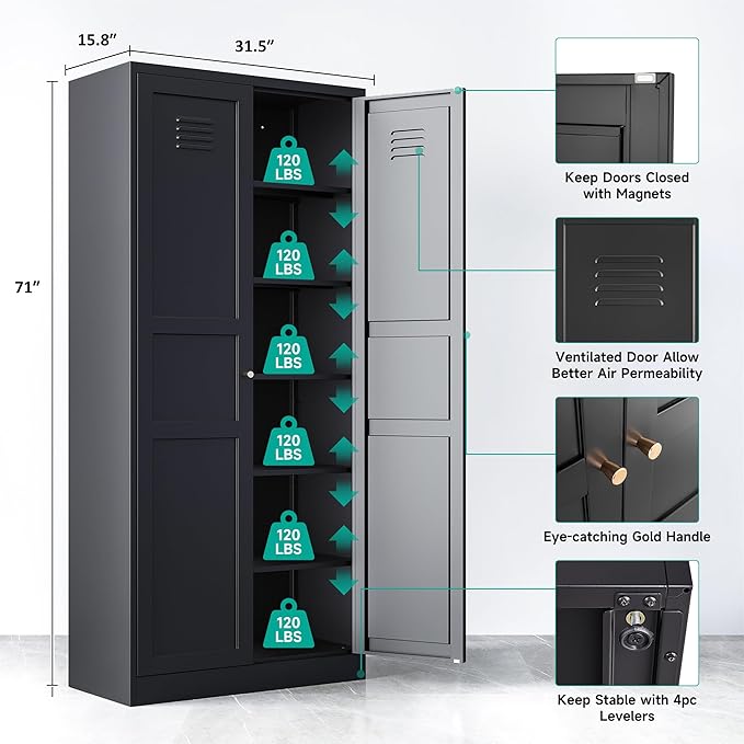 SISESOL Black Storage Cabinet,71" Tall Pantry Cabinet,Kitchen Pantry Storage Cabinets with 2 Doors and 6 Shelves,Wide Deep Metal Food Cupboard for Home,Kitchen,Dining/Living Room-Ruum Studio Home