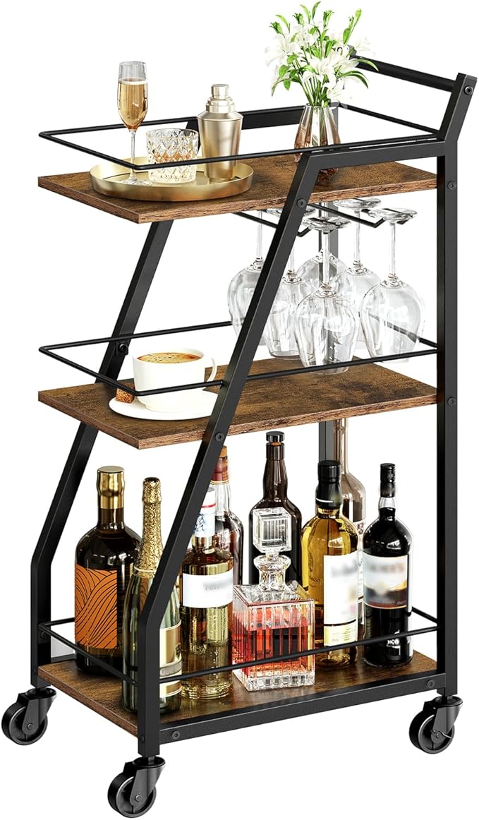 Bar Cart, 3-Tier Bar Cart for The Home, Home Bar Serving Cart with Glass Holders, Beverage Cart for Kitchen, Dining, Party Room, Rustic Brown and Black BC03BR-Ruum Studio Home