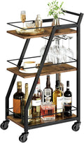 Bar Cart, 3-Tier Bar Cart for The Home, Home Bar Serving Cart with Glass Holders, Beverage Cart for Kitchen, Dining, Party Room, Rustic Brown and Black BC03BR-Ruum Studio Home