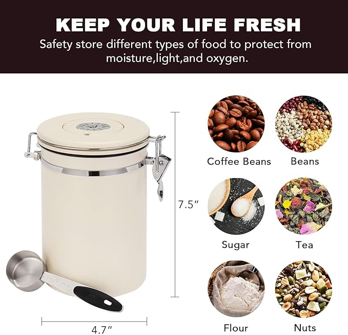 ShanSon Coffee Canister Airtight Coffee Container Stainless Steel Coffee Bean Storage Container with Scoop Coffee Canister for Beans Grounds Sugar Flour Tea Cereal,22OZ, Beige-Ruum Studio Home