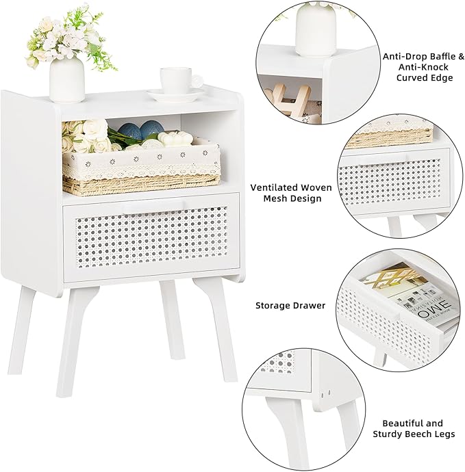 Lerliuo Rattan Nightstand, Side Table with Drawer Open Shelf, Cane Accent Bedside End Table with Solid Wood Legs, Mid Century Modern Night Stand for Bedroom, Dorm and Small Spaces (White)-Ruum Studio Home