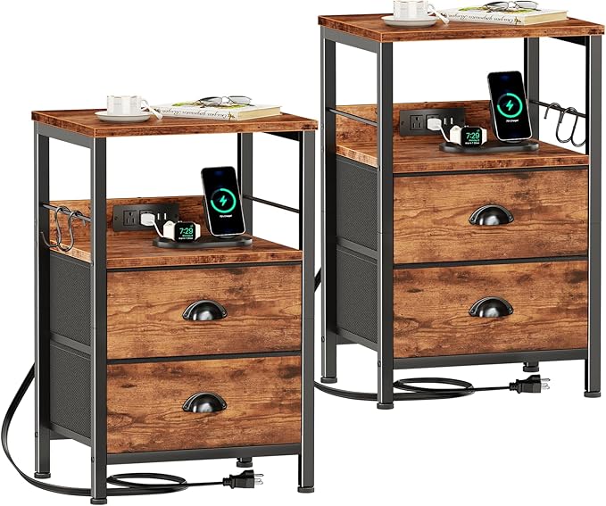 Furologee Nightstand Set of 2, Rustic Brown, with Charging Station and USB Ports, Side Tables with 2 Fabric Drawers, Bedside Tables with Storage Shelf & Hooks, for Living Room/Bedroom-Ruum Studio Home
