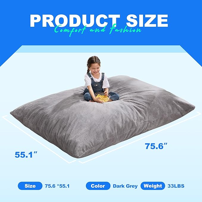 Hobestluk 3 in 1 Bean Bag Chair Giant Bean Bag Chairs for Adults with Chevron Plush Fur Cover Convertible Bean Bag Floor Cushion with Machine Washable Cover for Living Room (Plush Grey)-Ruum Studio Home