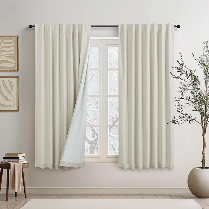 Short Linen Blackout Curtains for Bedroom 45 Inches Length 2 Panels Set Cafe Kitchen Bathroom Curtains for 42 Inch Small Window Light Blocking Thermal Insulated Drapes for Laundry Room Back Tab Beige-Ruum Studio Home