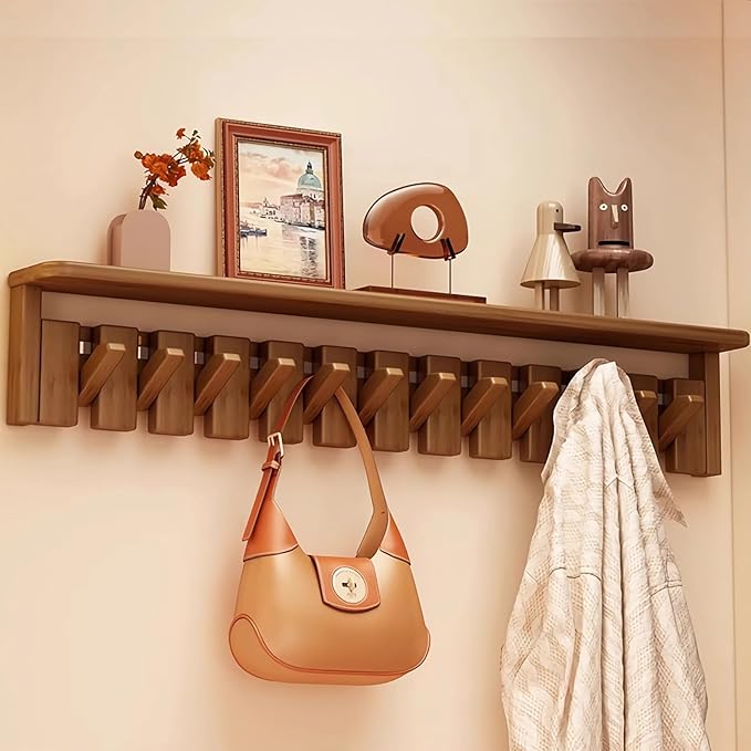 Wall Mounted Piano Key Hanger | Flip Style Hook | Entrance Wall Art Hook, Made of Oak Wood (3 Times Painted, 4 Times Polished) (Tray Walnut, 12Hooks)-Ruum Studio Home