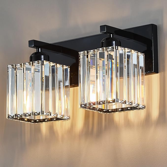 Modern Bathroom Vanity Light 2-Lights Plating Black Crystal Bathroom Wall Light Vanity Light Fixtures-Ruum Studio Home