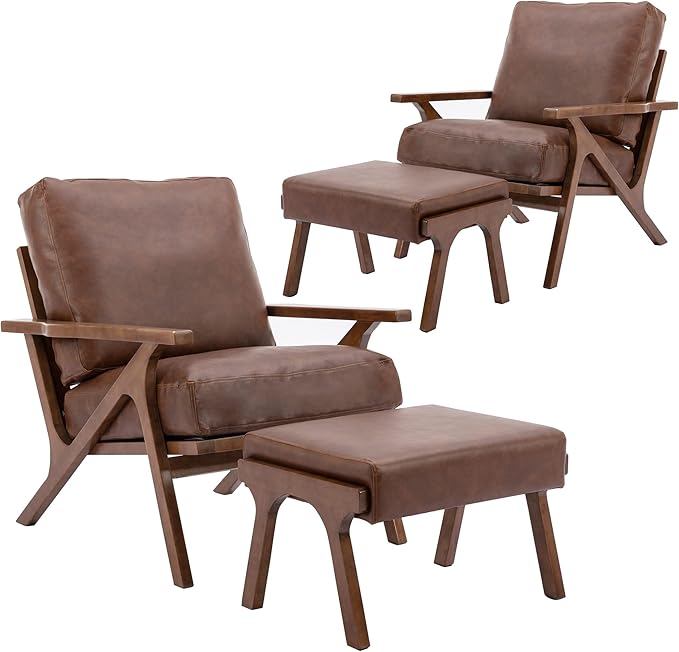 chairus 2 Sets Mid-Century Modern Accent Chairs with Ottoman, Faux Leather Armchair with Wood Legs Comfy Upholstered Single Sofa Chair for Living Room/Bedroom/Lounge, Brown-Ruum Studio Home