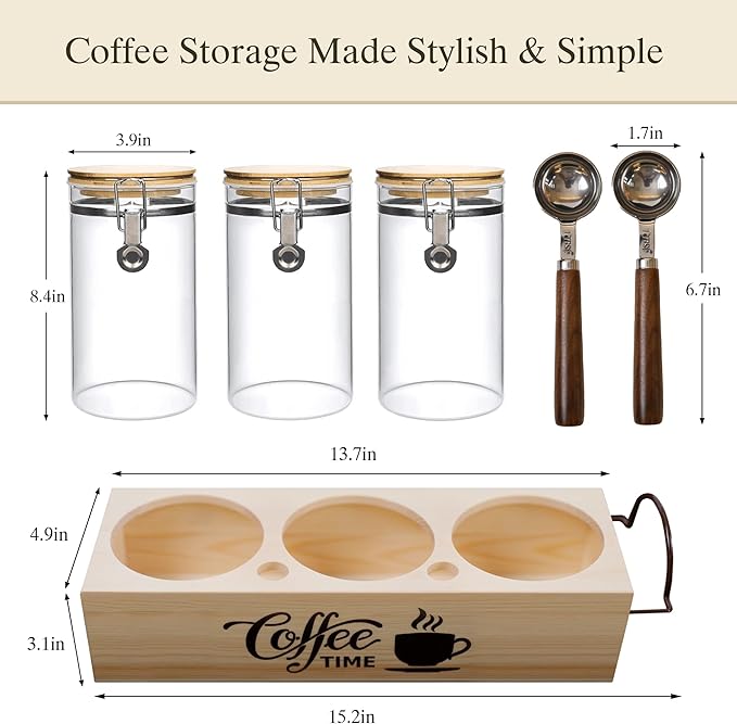 Glass Coffee Canister Set with Shelf & Spoons 3 Piece Coffee Containers for Ground Coffee Coffee Bean Storage Airtight Seal, Coffee Bar Coffee Filter Holder for Kitchen Organization-Ruum Studio Home