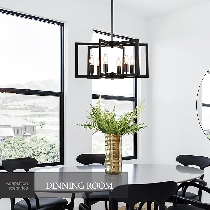 Modern Farmhouse Black Chandeliers for Dining Room, 6-Light Industrial Metal Chandeliers Geometric Pendant Lights Kitchen Island for Entryway Stairway Foyer Hallway-Ruum Studio Home