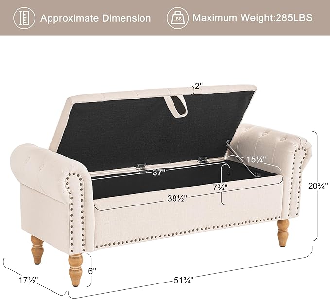 Furniliving 51” Storage Benches, End of Bed Bench with Button-Tufted Large Upholstered Storage Ottoman Linen Window Bench with Storage Shoe Cabinet Bench, for Bedroom, Entryway, Closet, Beige-Ruum Studio Home