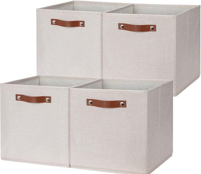 HNZIGE Fabric Storage Cubes Set of 4,12 x 12 Storage Baskets,Cloth Storage Bins for Organizing with Handles,Closet Baskets for Organizing Home Nursery(Gream)-Ruum Studio Home