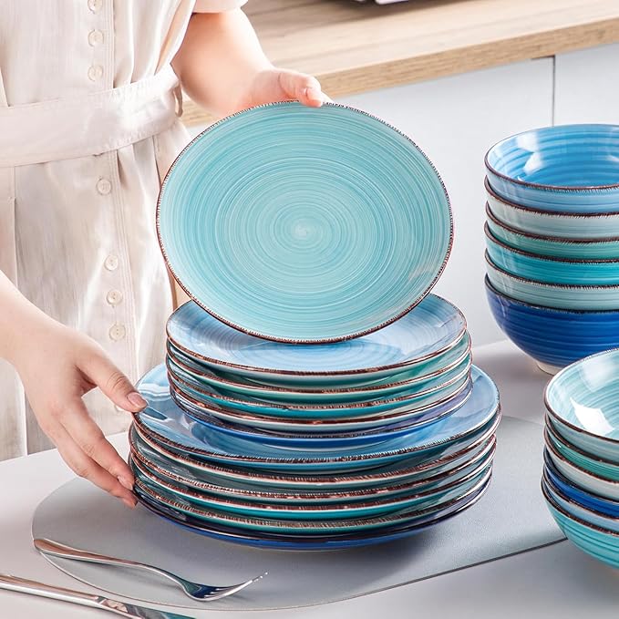 vancasso Bonita Dinnerware Set 24 Pieces Blue Stoneware Service for 6, Handpainted Spirals Pattern Stoneware Combination Set-Ruum Studio Home