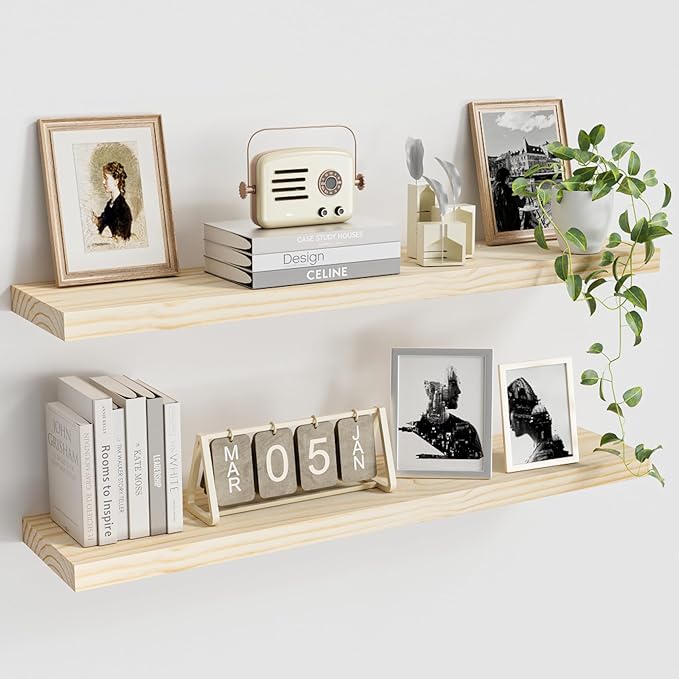 Light Wood Floating Shelves 36”x 8”x 1.4” Book Shelf Floating for Wall Mounted, Heavy Duty Shelf Hold 80 lbs, Unfinished Rustic Wall Shelves for Bedroom, Living Room, Kitchen, Office, Laundry Room-Ruum Studio Home