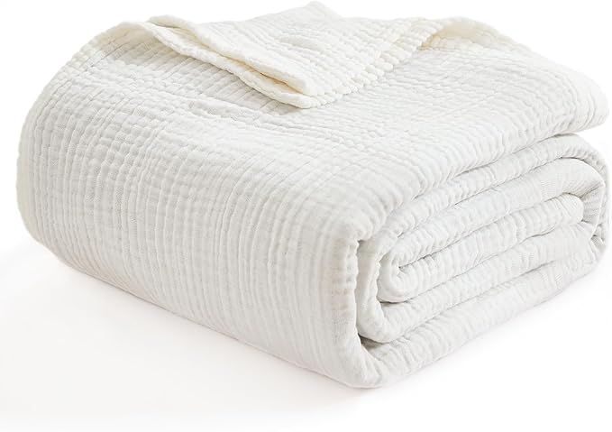 EMME Cotton Blanket for Couch Breathable Gauze All Season Soft and Lightweight Muslin White Throw Blankets for Adults (White, 50"x70")-Ruum Studio Home