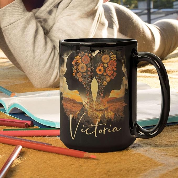 Personalized Autumn Landscape Black Cup, Custom Name Coffee Mug 11oz 15oz, Custom Floral Silhouette Ceramic Cup, Gifts for Women, Zodiac Inspired Coffee Mug, Gifts for Birthday-Ruum Studio Home