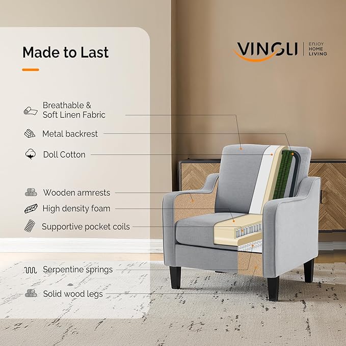 VINGLI Mid Century Modern Accent Chair, Light Grey Fabric Accent Chairs for Living Room Upholstered Armchair with Scooped Arms for Bedroom, Apartment, Studio, Office, Waiting Room-Ruum Studio Home