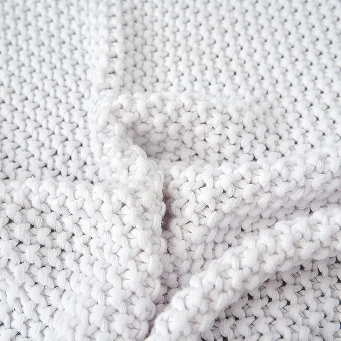 Chunky Cable Knit Throw Blanket Lightweight White 100% Organic Cotton Blanket for Sofa Couch Bed Baby Nursery, Rustic Shabby Chic Modern Farmhouse, Pure White 51” x 63” Give Laundering Bag-Ruum Studio Home