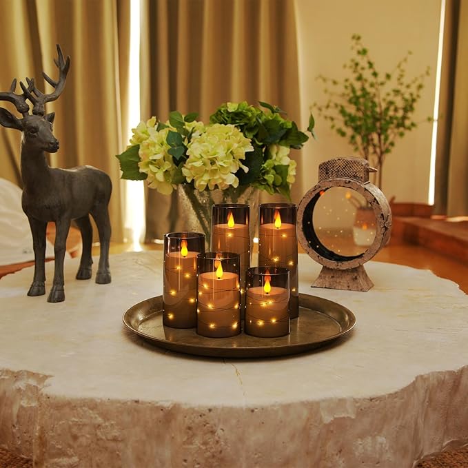Homemory Flameless Candles with Embedded Star String Fairy Lights, Battery Operated Candles, LED Candle, Fake Candles with Remote Control and Timer for Halloween, Gray Acrylic, Set of 5(H4"5"6"8"8")-Ruum Studio Home