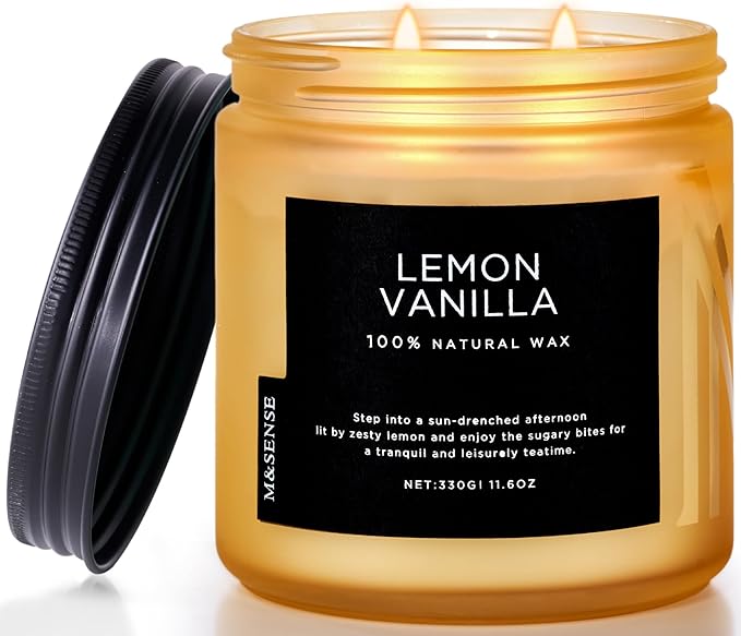 M&SENSE Candles Lemon Vanilla Scented, 11.6oz 70 Hour Long Lasting Candles for Home, 2 Wick Natural Soy Wax in Glass Jar, Stress Relief Gifts for Women and Men-Ruum Studio Home