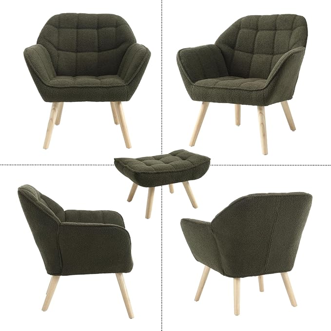 Modern Sherpa Accent Chair with Ottoman, Fluffy Upholstered Lounge Chair with Footrest, Comfy Living Room Side Boucle Armchair for Small Space Bedroom Apartment, Green-Ruum Studio Home