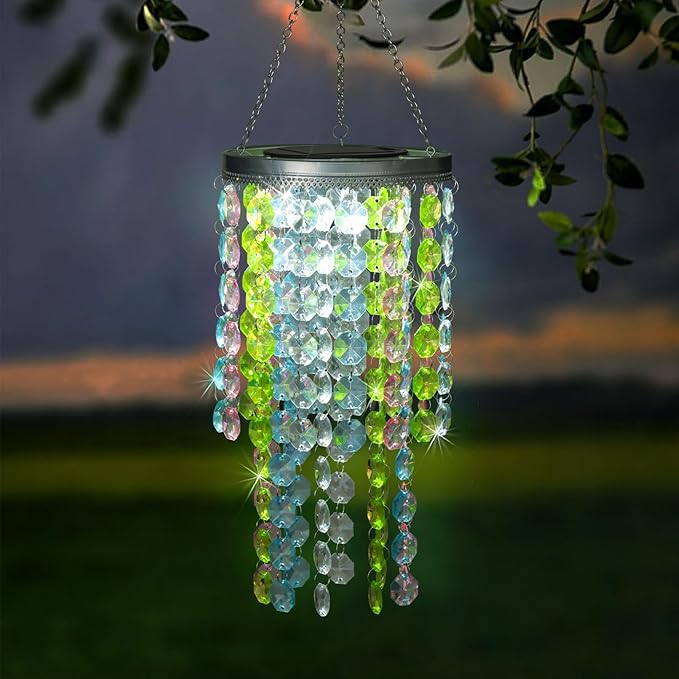 Hanging Solar Lantern Outdoor, 2 Tiers 21” Solar Multicolor Acrylic Beaded Chandelier with Cool White LED S Hooks for Garden Yard Patio Gazebo Outside Decor-Ruum Studio Home