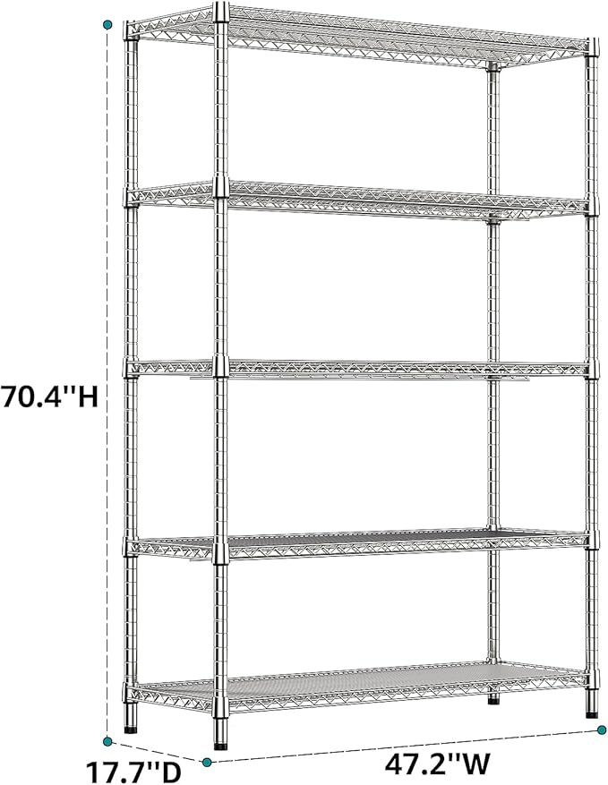 IZEUK 4250 LBS Garage Shelving Wide Storage Shelves 5 Tier Metal Shelves Heavy Duty Adjustable Utility Shelf Rack Chrome 17.7" D x 47.2" W x 70.4" H-Ruum Studio Home