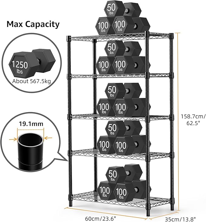 1250 lbs Storage Shelving Utility Shelving Unit 5-Tier Utility Shelving Unit Steel Organizer Wire Rack for Home,Kitchen,Office (13.7" D x 23.6" W x 62.4" H)-Ruum Studio Home