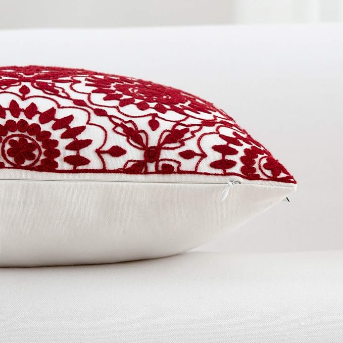 HWY 50 Red Decorative Throw Pillow Covers 18x18 Inch (1 Piece), Embroidered Cotton Farmhouse Cushion Cover Pillow Case for Sofa Couch Living Room Bed, Little Sunflower-Ruum Studio Home